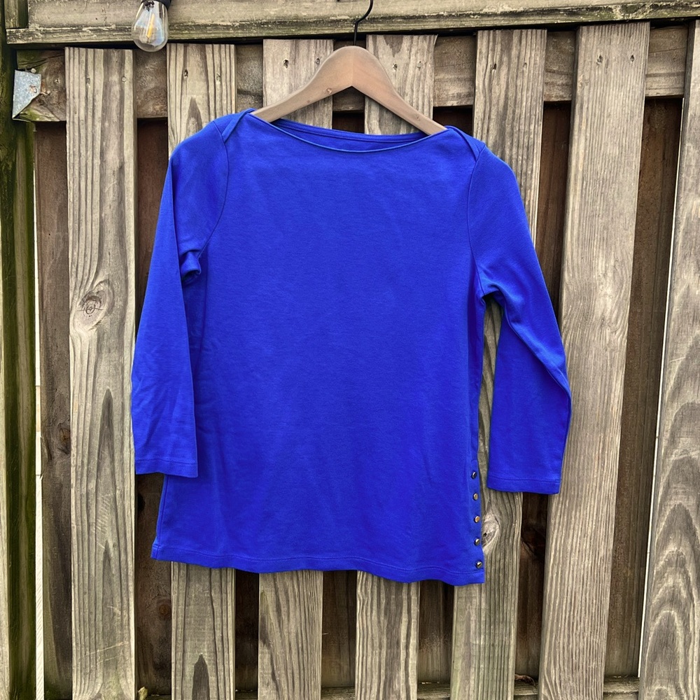 Lands End blue top with button neck and side detail size XS 3/4 sleeve